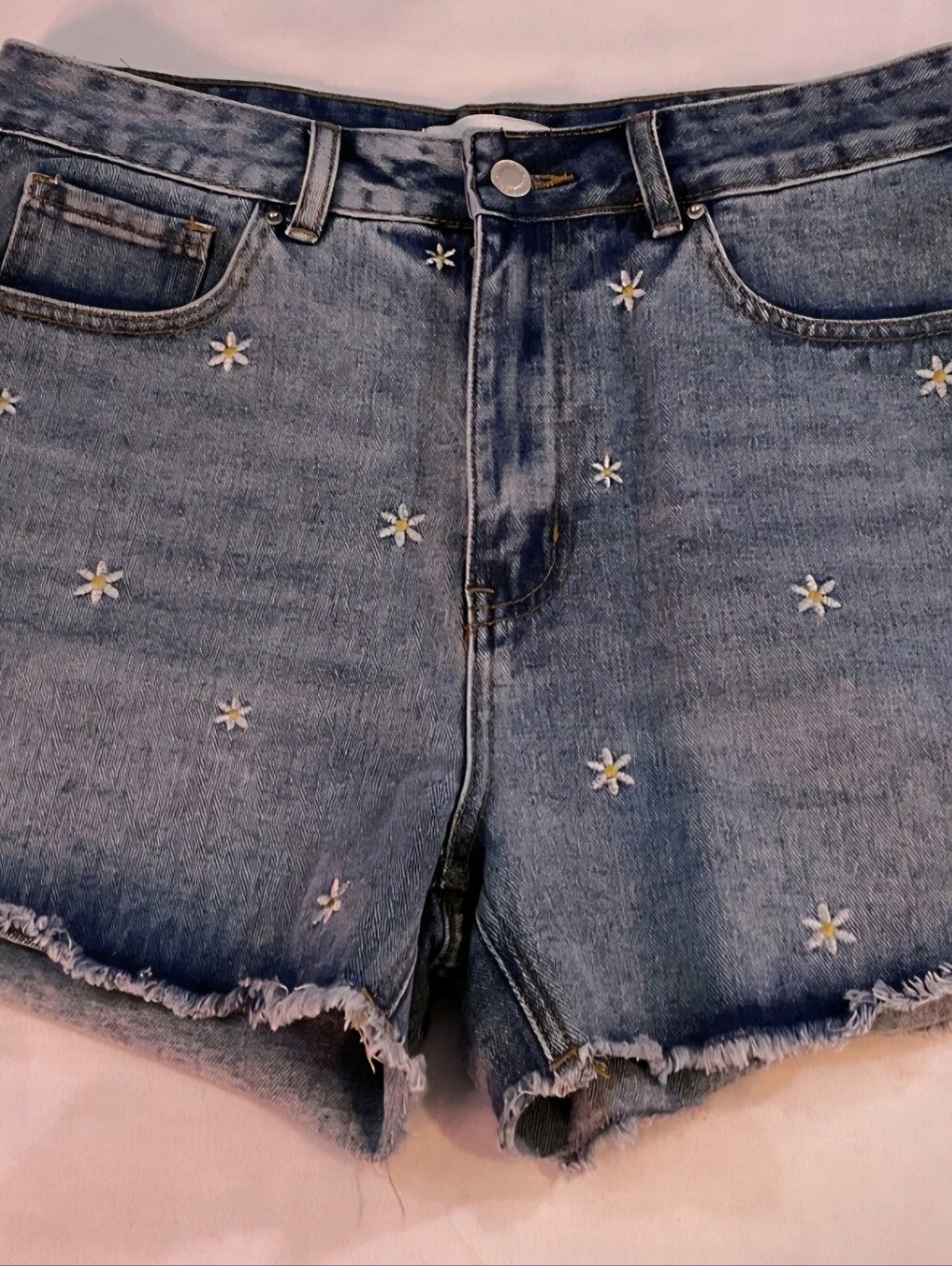 Embroidered Daisy Denim Jean Shorts - Blue